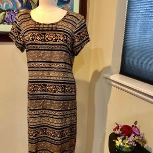 PIccolino P 90's Vtg Rayon Short Slv Black/Brown Print Dress/Beads M/L 42" bust